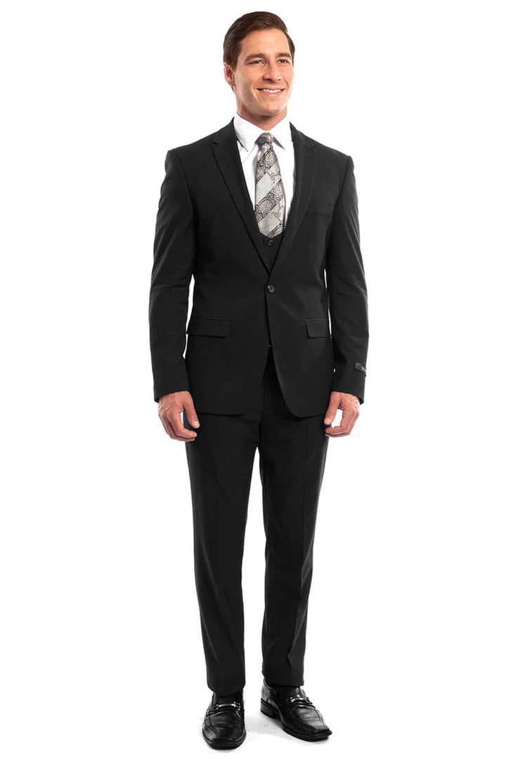 One Button Peak Lapel Skinny Prom Suit Black