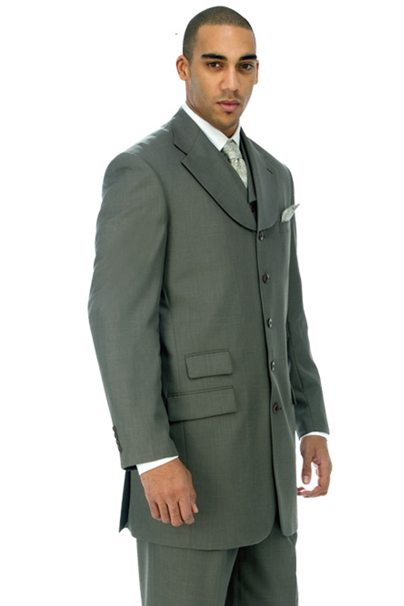 Mens Vested 5 Button Wide Notch Lapel Suit - Olive