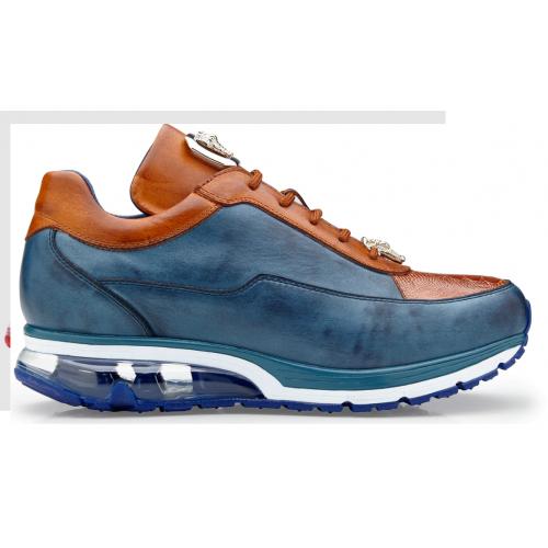 Belvedere Flash Antique Blue Safari Almond Genuine Ostrich Soft Italian Calf Skin Sneakers