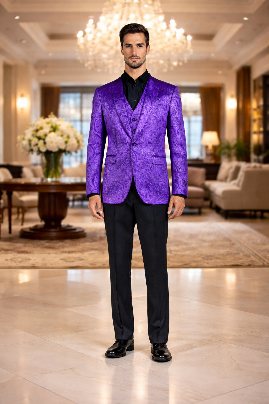 Velvet Paisley Blazer - Comes With Free Vest and Pants - Slim Fit - Purple