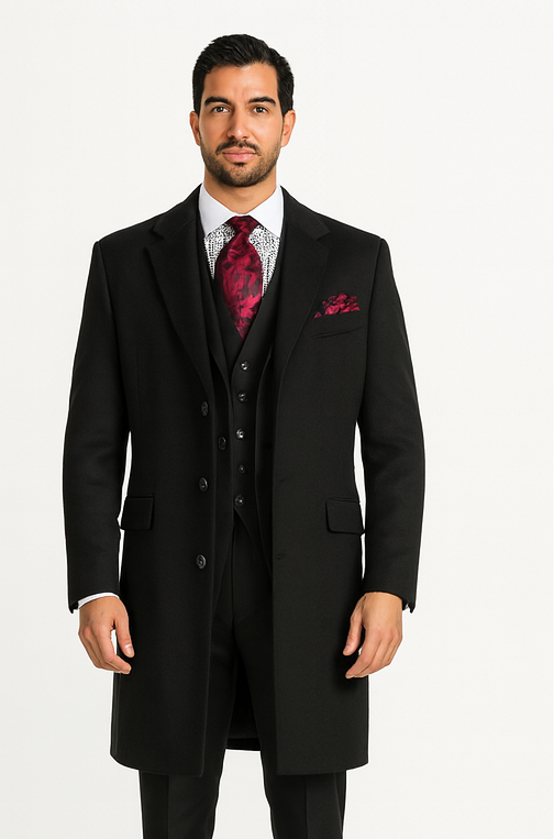 Veno Giovanni Men's 100% Wool Full Length Length Top Coat Hidden Button