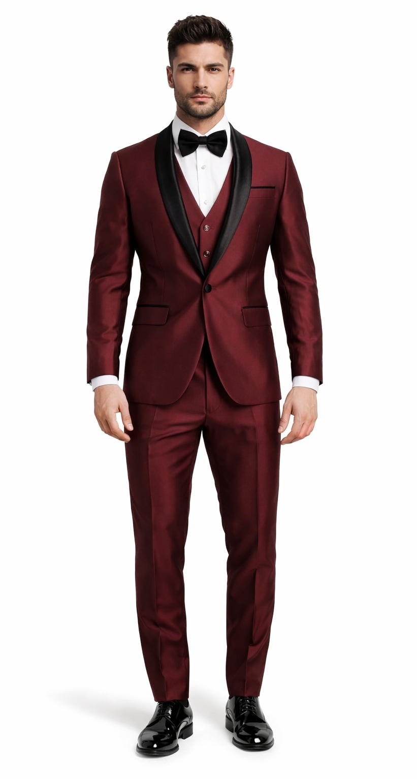Versailles Burgundy 1-Button Shawl Lapel Tuxedo – Men’s 3-Piece Formal Suit