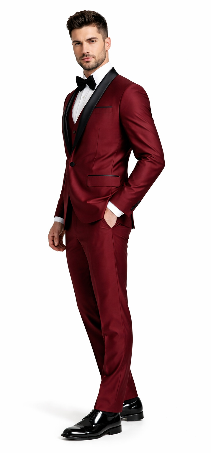 Versailles Burgundy 1-Button Shawl Lapel Tuxedo – Men’s 3-Piece Formal Suit