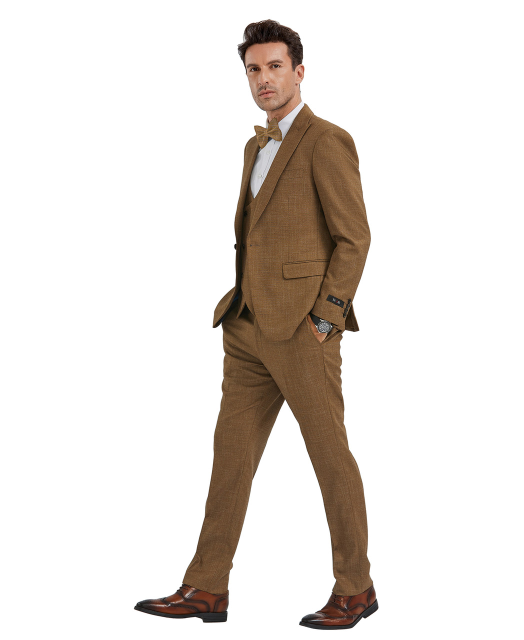 Mens Mocca Brown Taupe textured 1920s Great Gatsby Inspired Suit – Vintage Three Piece Retro Formal Suit Peak Lapel