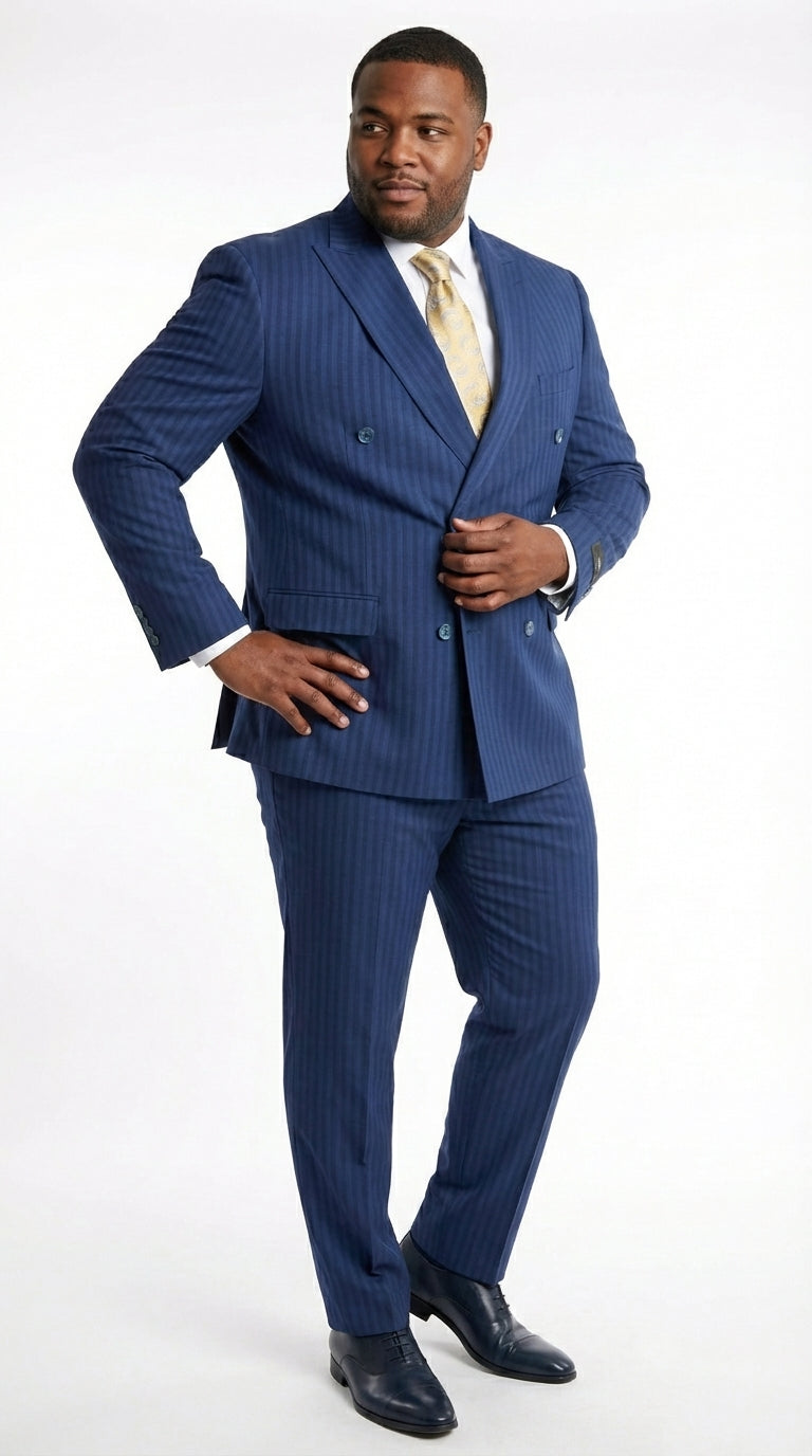 Vitali Mens Blue Tone on Tone Shadow Pinstripe Suit Set – Double Breasted Business Modern Fit Side Vented