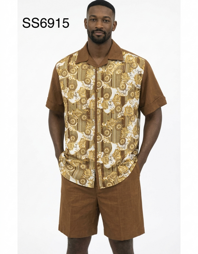 Menβs Brown Baroque Print Short Set β 2 Piece Casual Summer Outfit