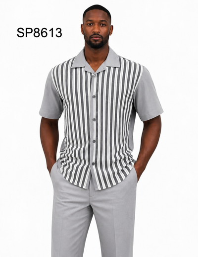 Menβs Light Gray Vertical Stripe Walking Suit Set β 2 Piece Short Sleeve Casual Outfit