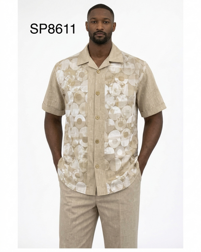 Menβs Beige Geometric Print Linen Walking Suit Set β 2 Piece Short Sleeve Casual Outfit