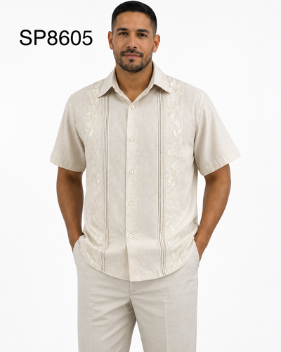 Menβs Stone Beige Embroidered Walking Suit Set β 2 Piece Short Sleeve Casual Outfit