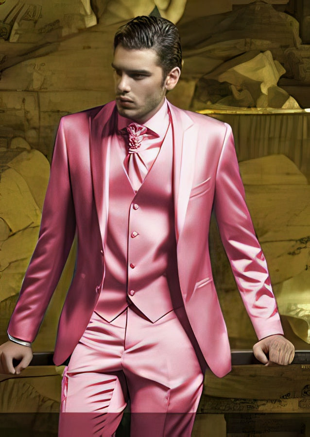 Shiny Rose Gold Sateen Vested Suit for Men