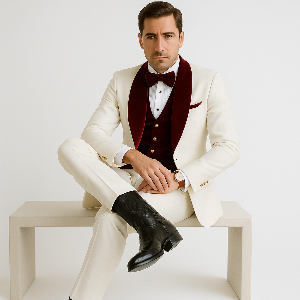 Wedding Tuxedo - Groom Suit - White and Burgundy Prom Suit