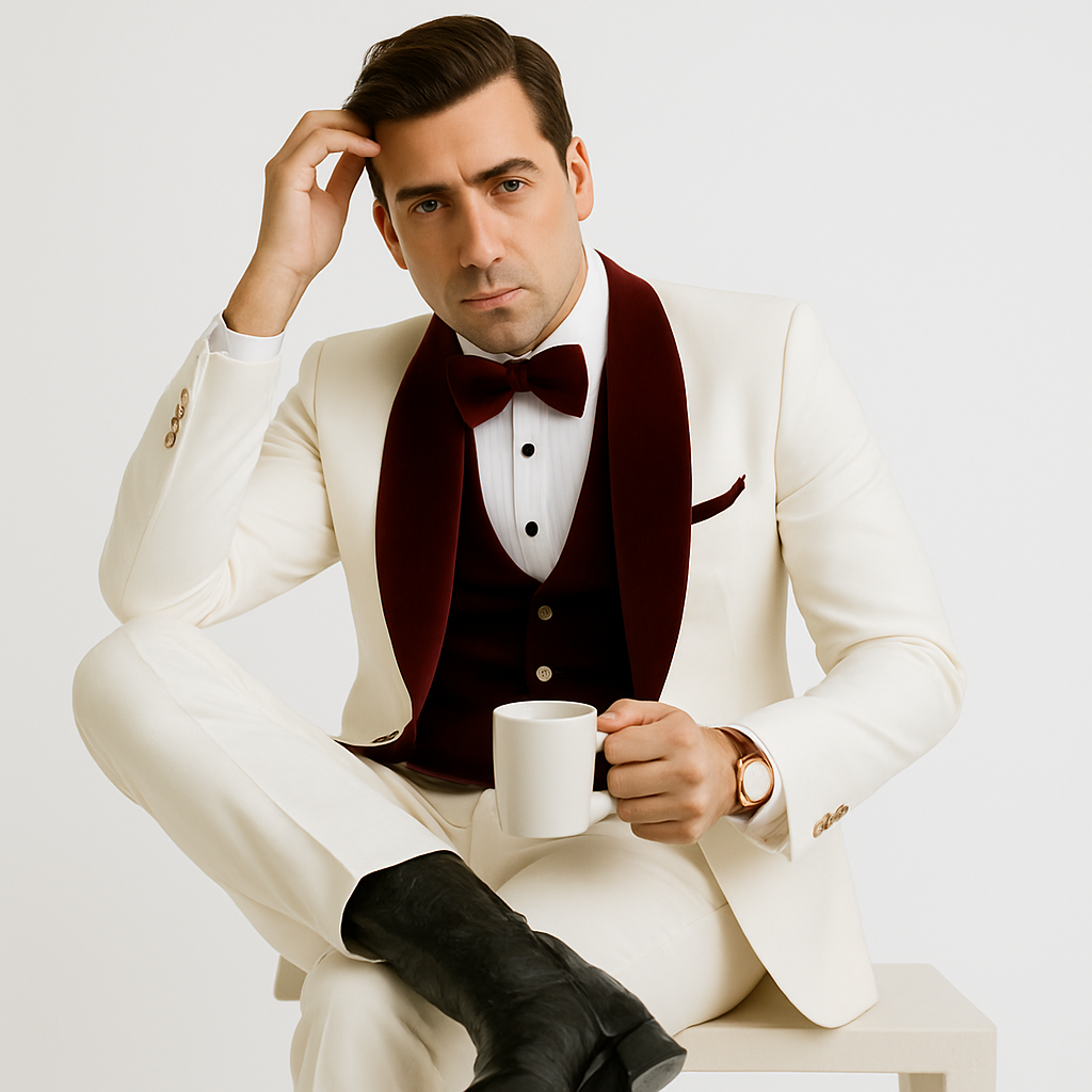 Wedding Tuxedo - Groom Suit - White and Burgundy Prom Suit