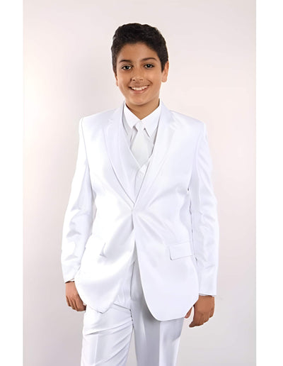 White Boy 3 ~ Three Piece Toddler Suits for Weddings Vested w/ White Shirt, Tie & Hanky Stylish Sheen