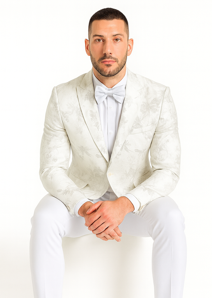 White Dinner Jacket - White Paisley Blazer - White Sportcoat With Bowtie