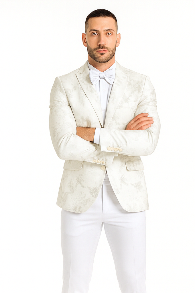 White Dinner Jacket - White Paisley Blazer - White Sportcoat With Bowtie