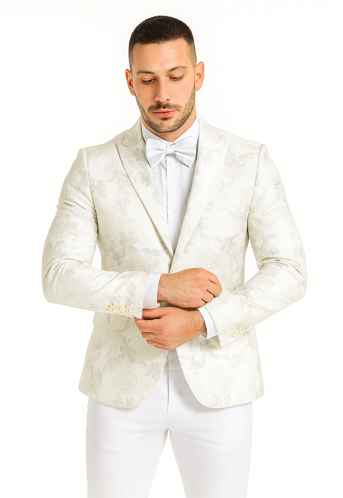 White Dinner Jacket - White Paisley Blazer - White Sportcoat With Bowtie