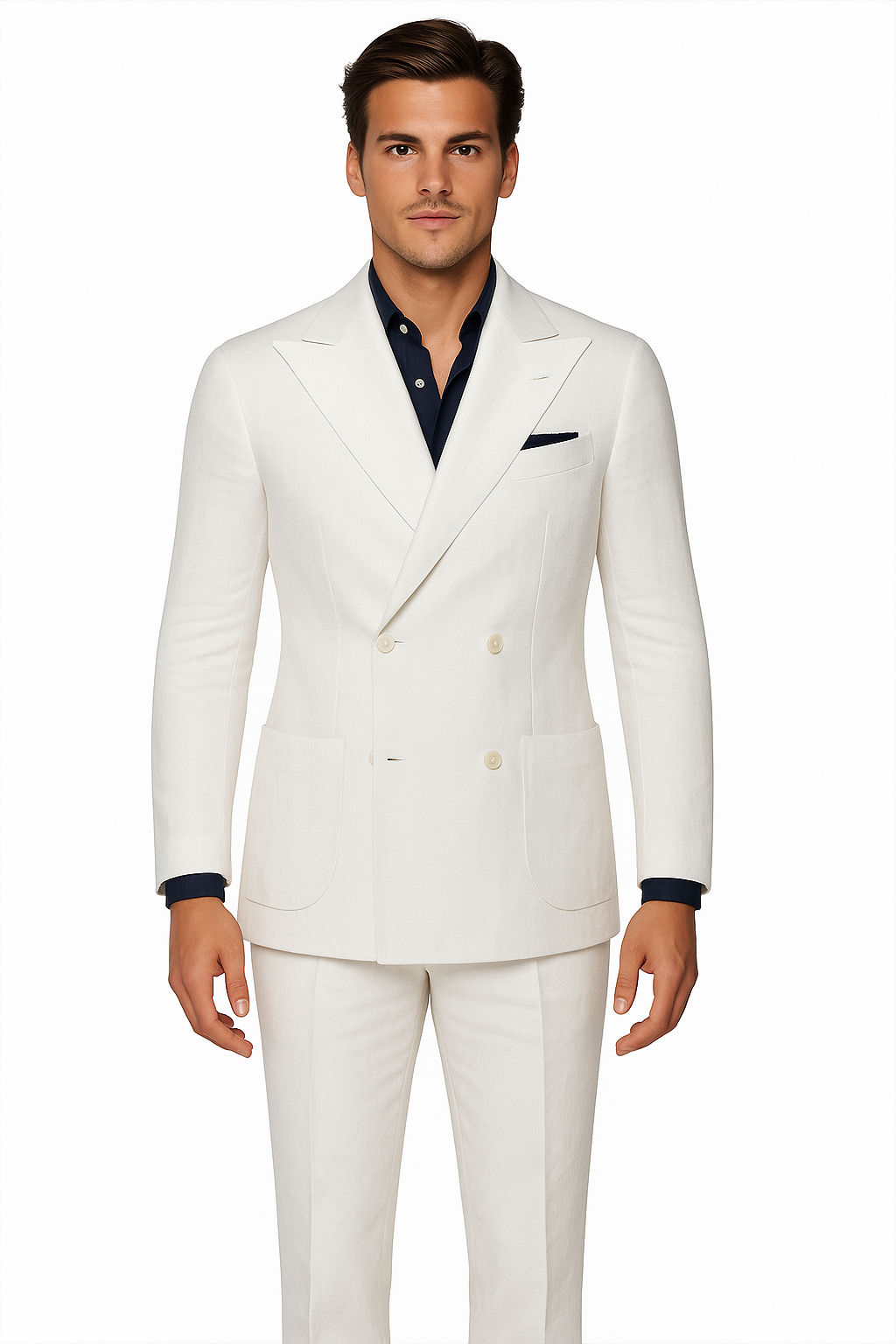 White Linen Double Breasted Suit, 4 Button