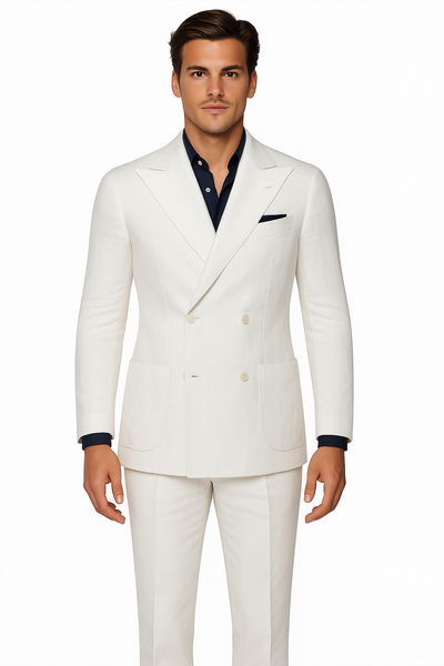 White Linen Double Breasted Suit, 4 Button