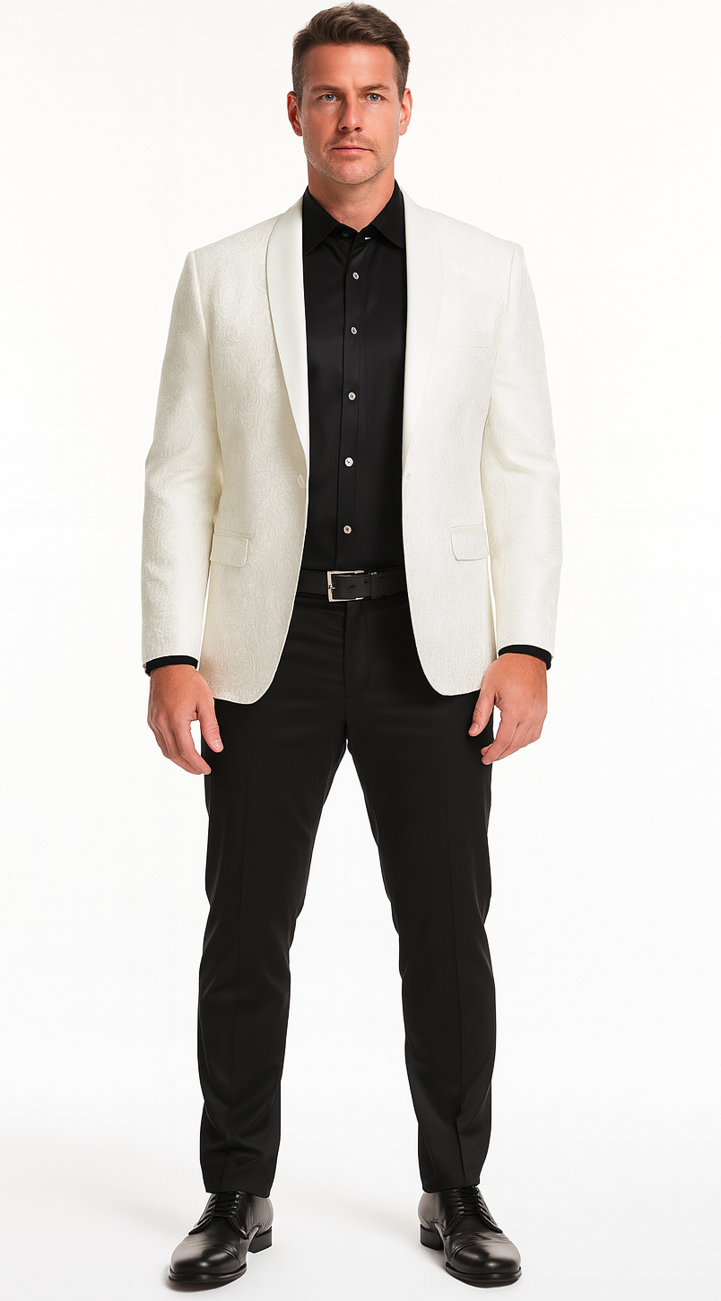 White Paisley Tuxedo Jacket with Shawl Lapel – Wedding & Prom