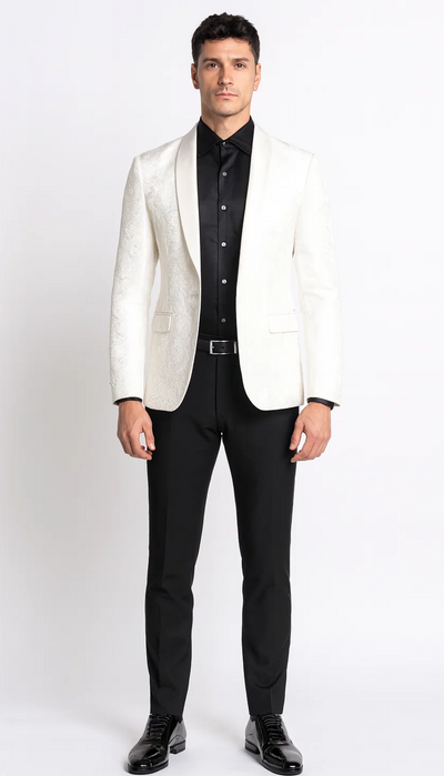 White Paisley Tuxedo Jacket with Shawl Lapel β Wedding & Prom