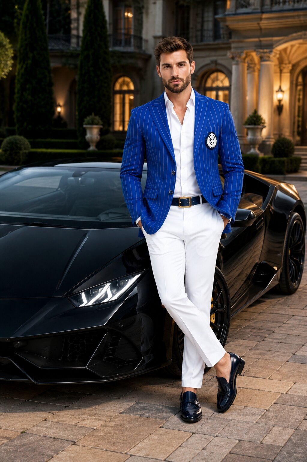 Royal Blue Pinstripe Blazer & White Pants Combo