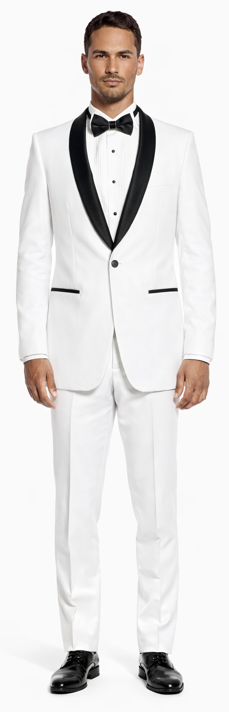 White Slim Fit Tuxedo with Black Shawl Lapel – Wedding & Prom