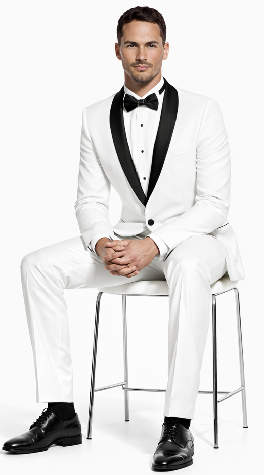 White Slim Fit Tuxedo with Black Shawl Lapel – Wedding & Prom