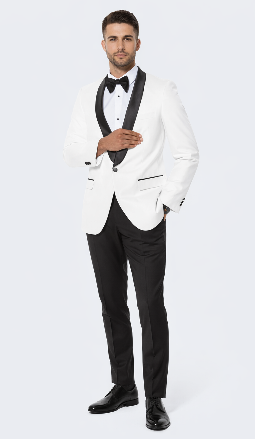 White Tuxedo Jacket with Black Satin Shawl Lapel – Slim Fit