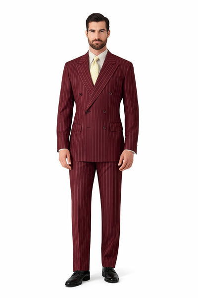 Elegant Wine Pinstripe Double Breasted Suit for Men – Fully Lined Classic Formal Style