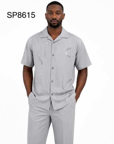 Menβs Light Gray Embroidered Walking Suit Set β 2 Piece Short Sleeve Casual Outfit