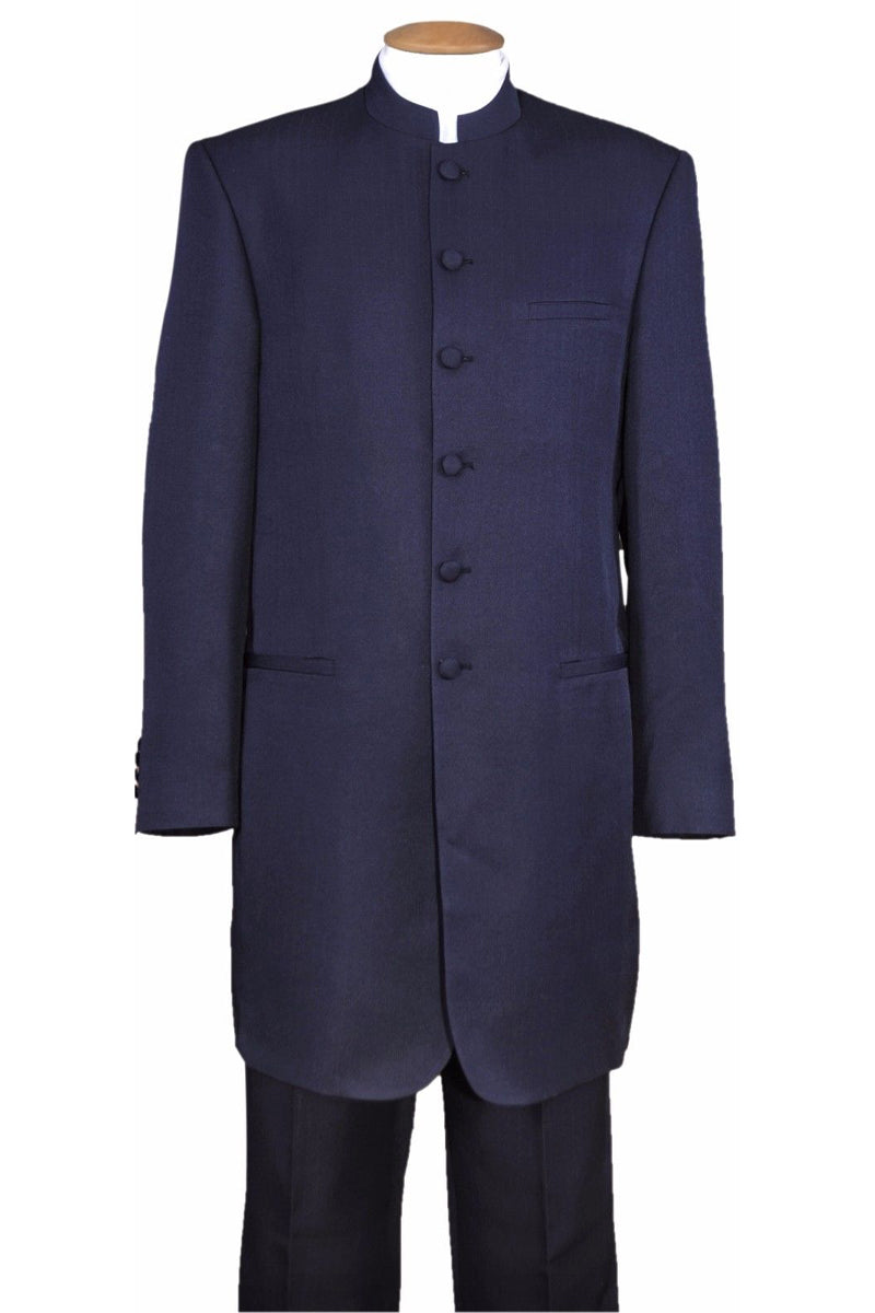 6 Button Long Mandarin Collar Navy Suit