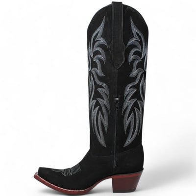 Women's Wild West Snip Toe Suede Leather Boots with Zipper - Black