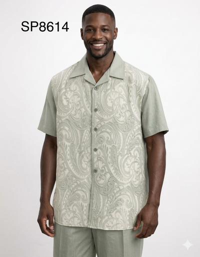 Menβs Sage Paisley Walking Suit Set β 2 Piece Short Sleeve Casual Outfit