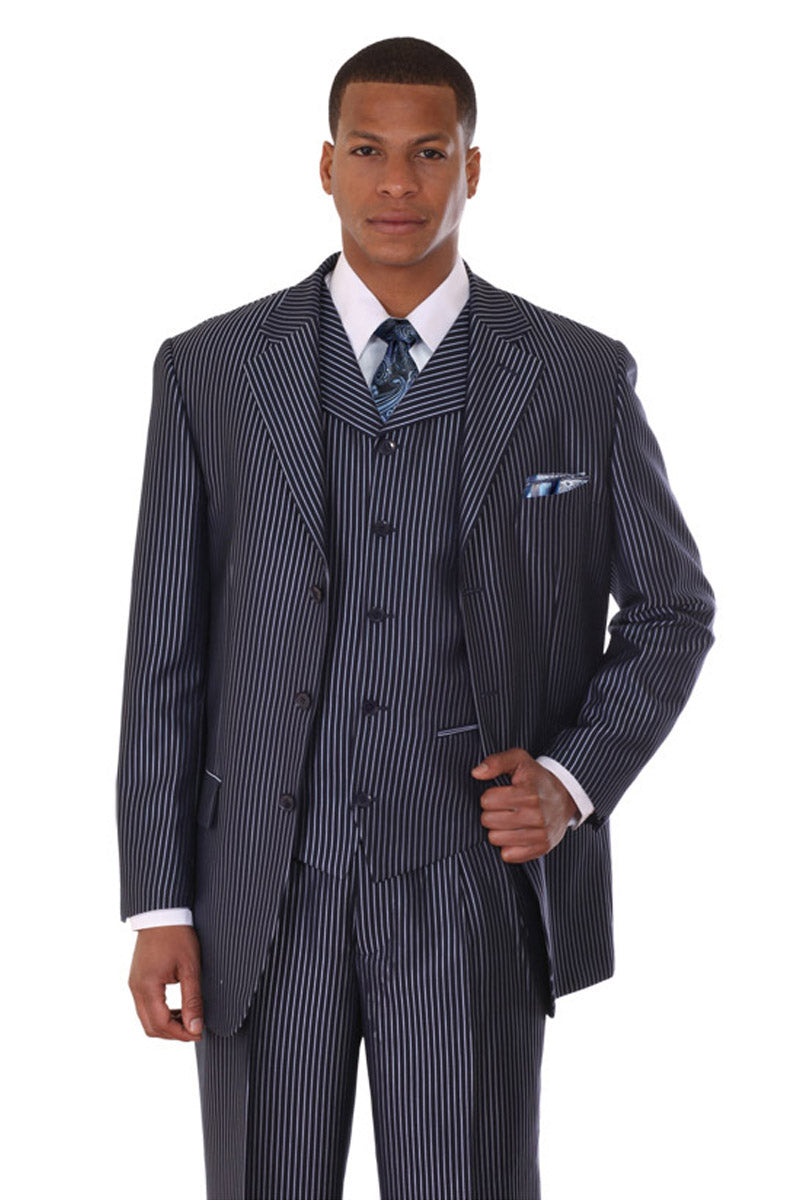 Men's Navy 3 Button Tonal Stripe Suit with Vest