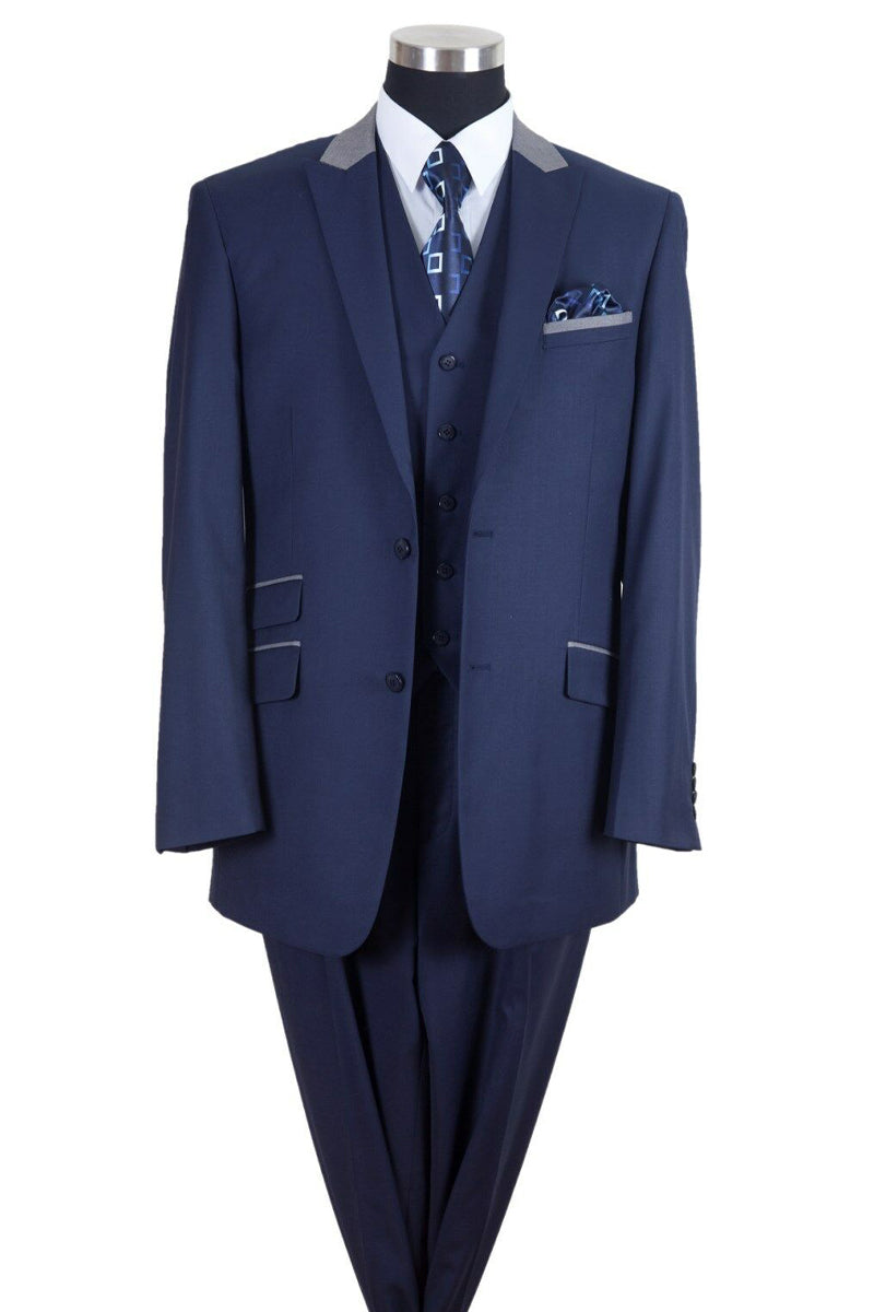 Peak Lapel Vested Contrast Collar Suit by Milano Moda