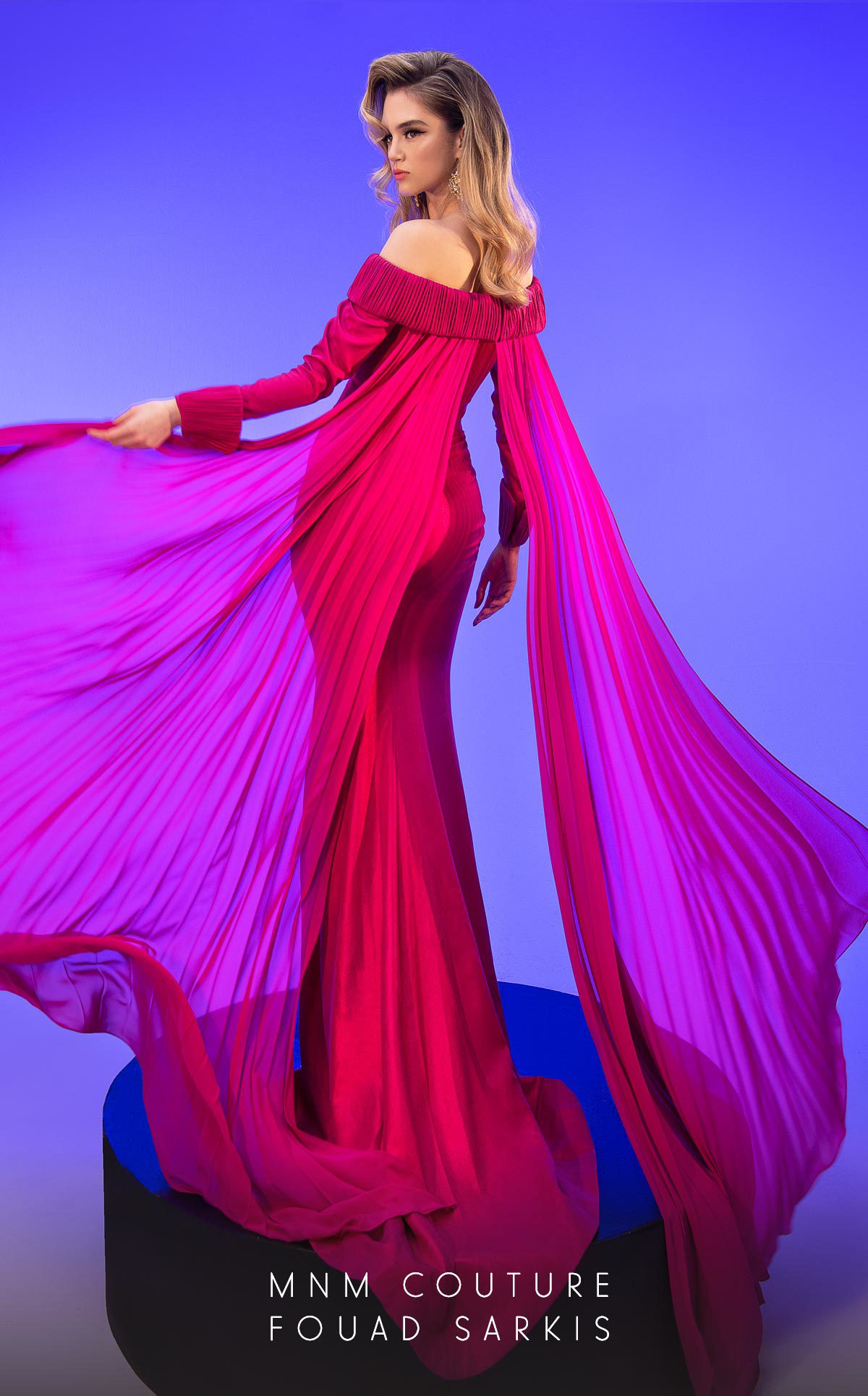 Fouad Sarkis 2793 Off-Shoulder Gown with Flowing Pleated Panels