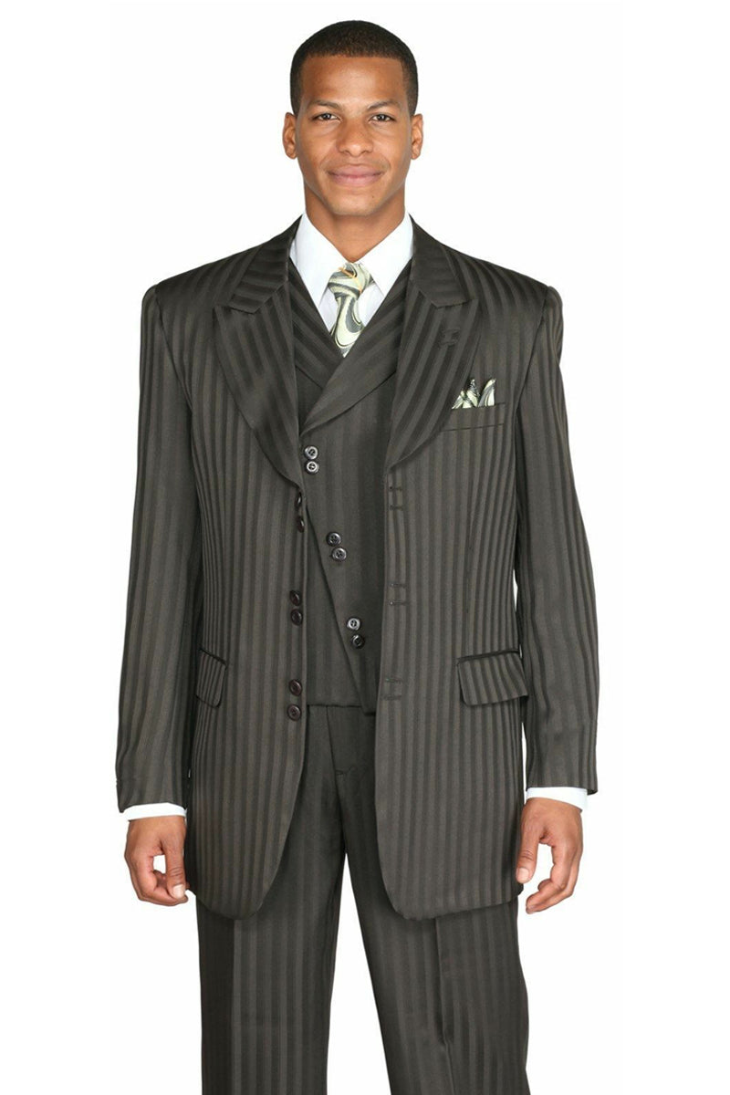 Vested Wide Peak Lapel Stripe Suit in Olive