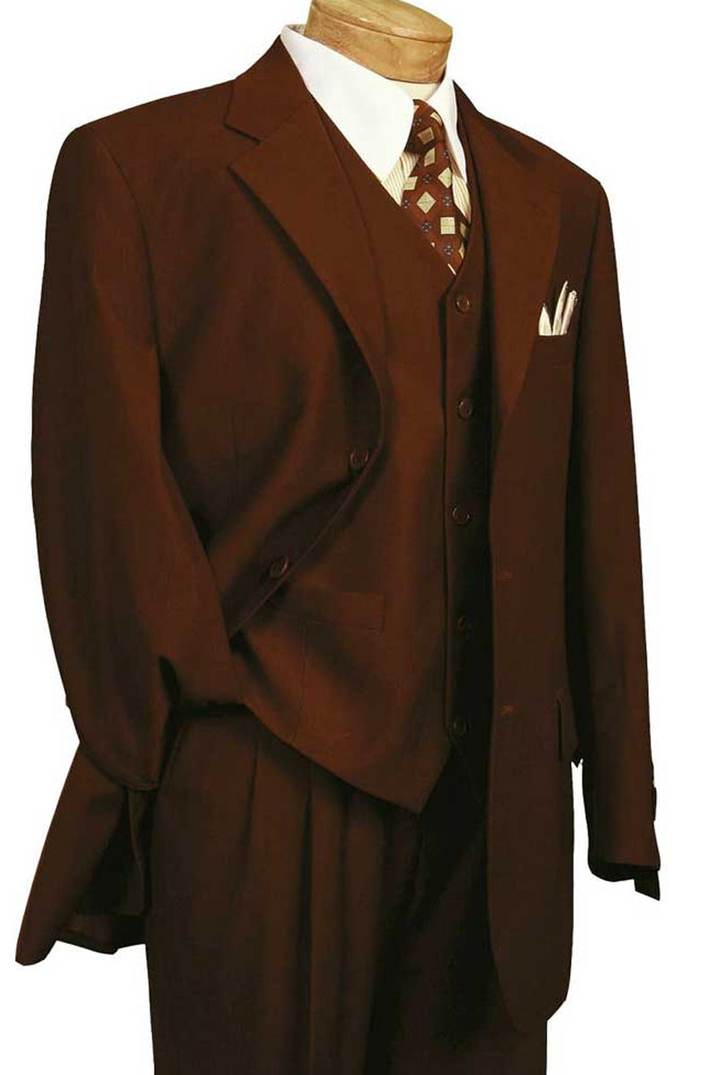 Men's Brown Wool-Feel 3 Button Vested Suit