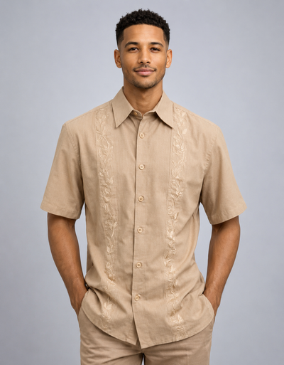 Menβs Sand Beige Embroidered Walking Suit Set β 2 Piece Short Sleeve Casual Outfit
