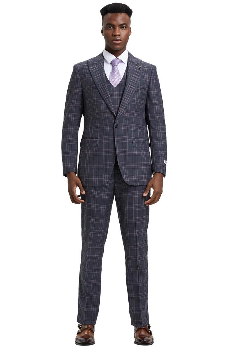 Stacy Adams Plaid One Button Peak Lapel Vest Suit