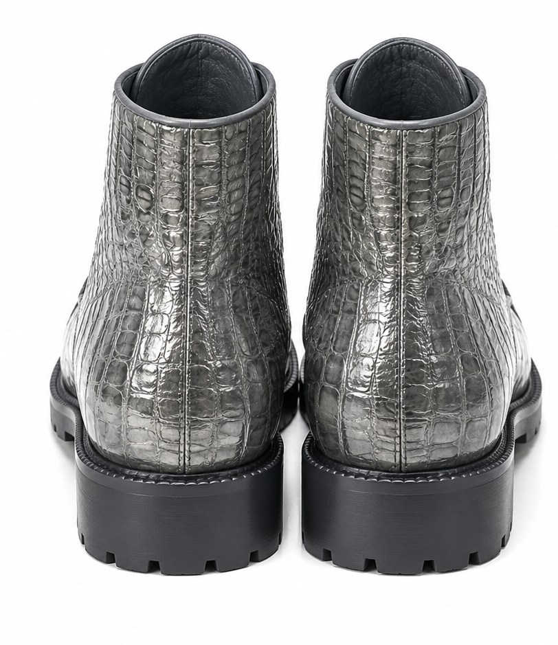 Caiman Hornback Crocodile Leather Ankle Boots Gris
