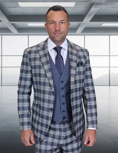 Statement Men’s 3-Piece 100% Wool Modern Fit Suit – Coordinating Solid Color Vest