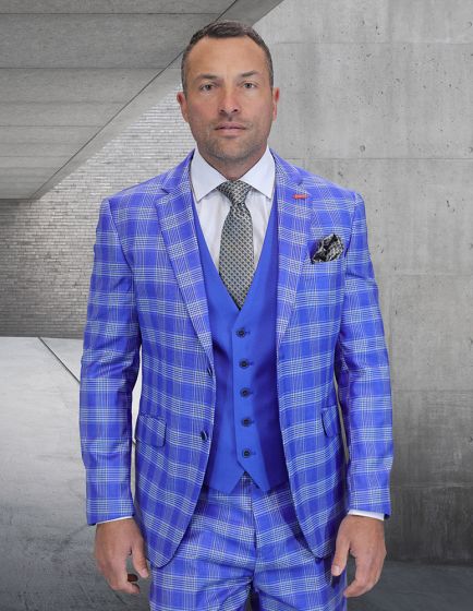 Statement Men’s 3-Piece 100% Wool Modern Fit Suit – Coordinating Solid Color Vest