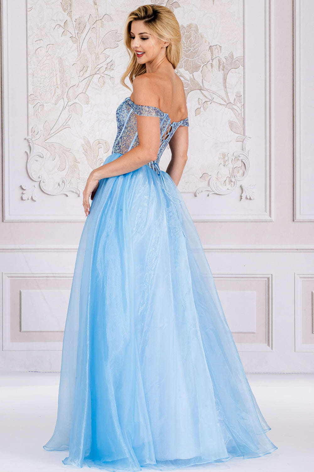 Off‑Shoulder Sparkling Corset Bodice A‑Line Gown By Amelia Couture 7040