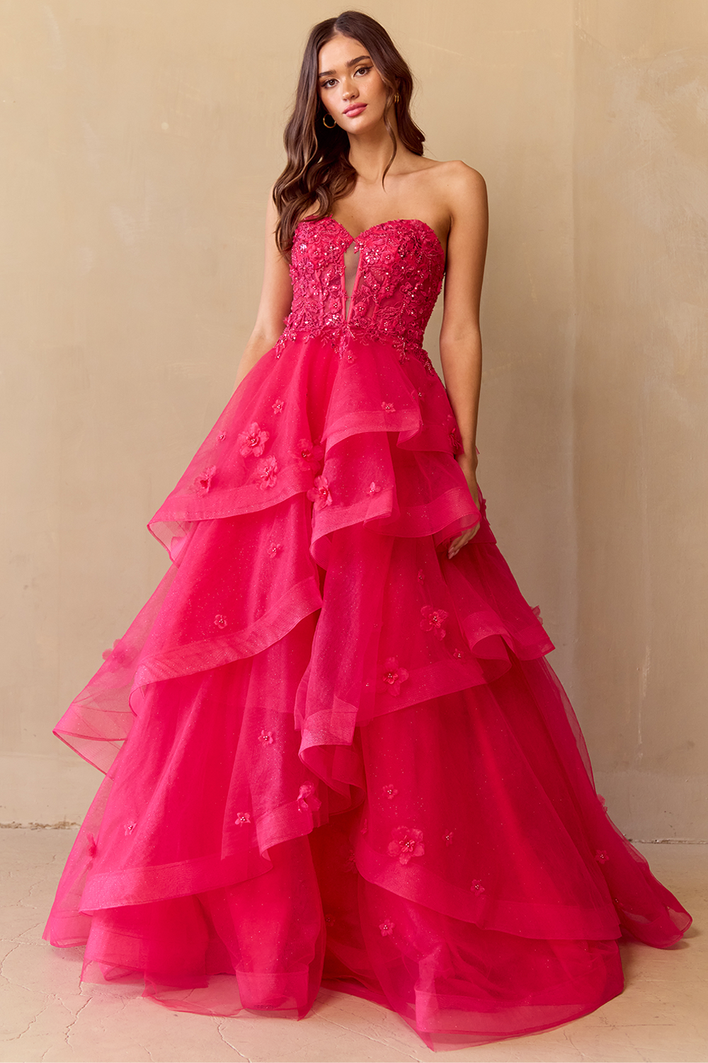 Strapless Embellished Bodice Tiered Tulle A-Line Gown By Amelia Couture 4900