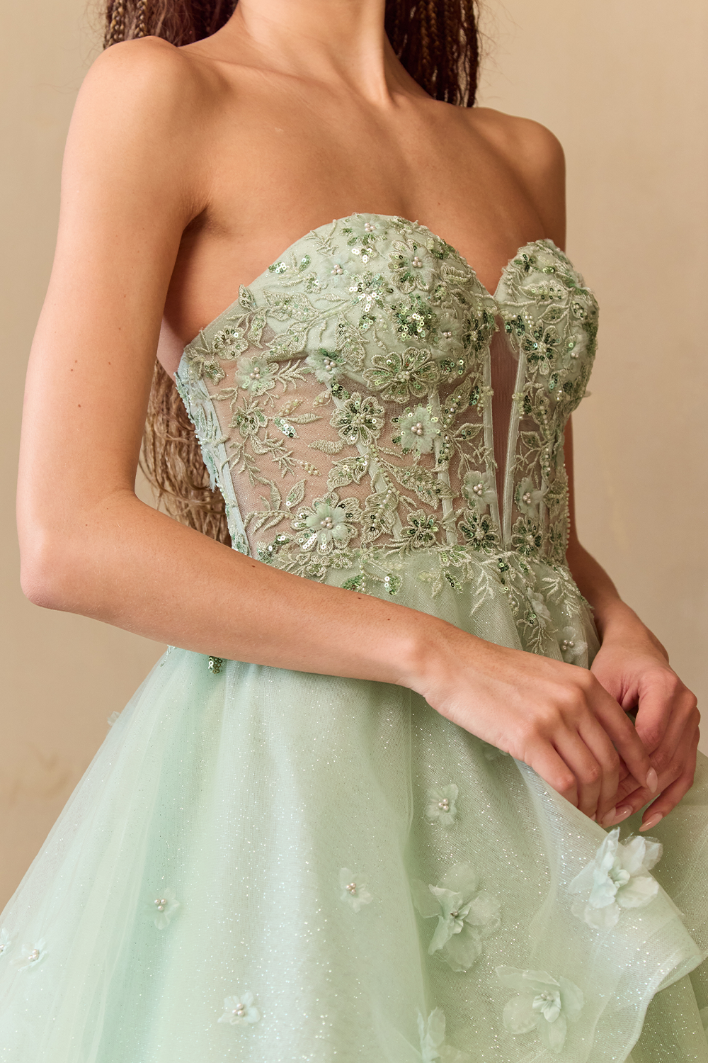Strapless Embellished Bodice Tiered Tulle A-Line Gown By Amelia Couture 4900