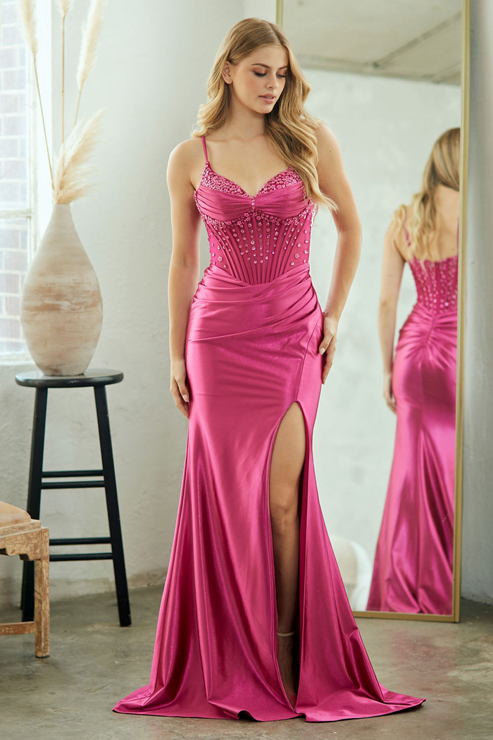 Satin Beaded Corset Evening Gown with Sheer Bodice, Sweetheart Neckline & High Slit By Amelia Couture 9067