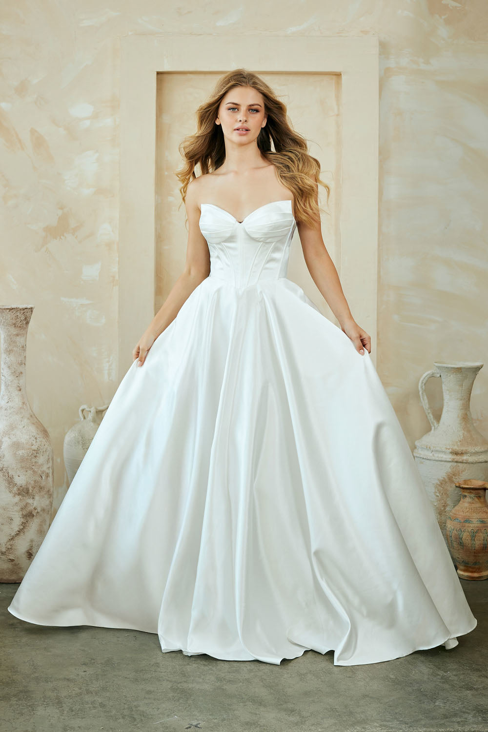Strapless Satin Corset Bodice A-Line Prom Dress with Pockets & Lace-Up Back by Amelia Couture 5080