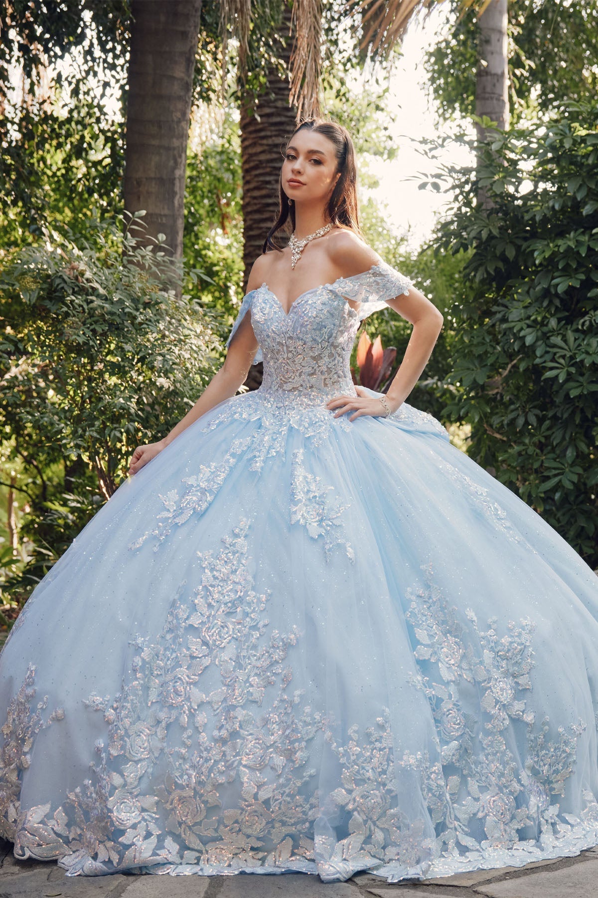 Juliet 1458J Off Shoulder Appliqued Glitter Tulle Quinceanera Ball Gown