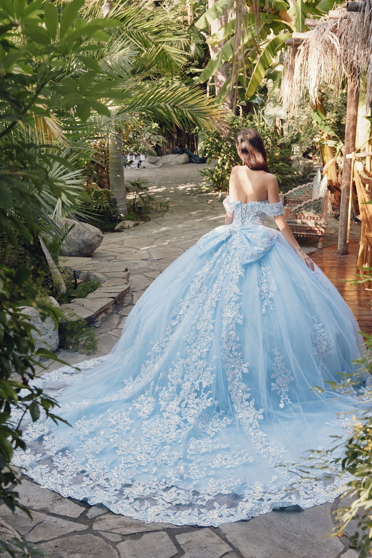 Juliet 1458J Off Shoulder Appliqued Glitter Tulle Quinceanera Ball Gown
